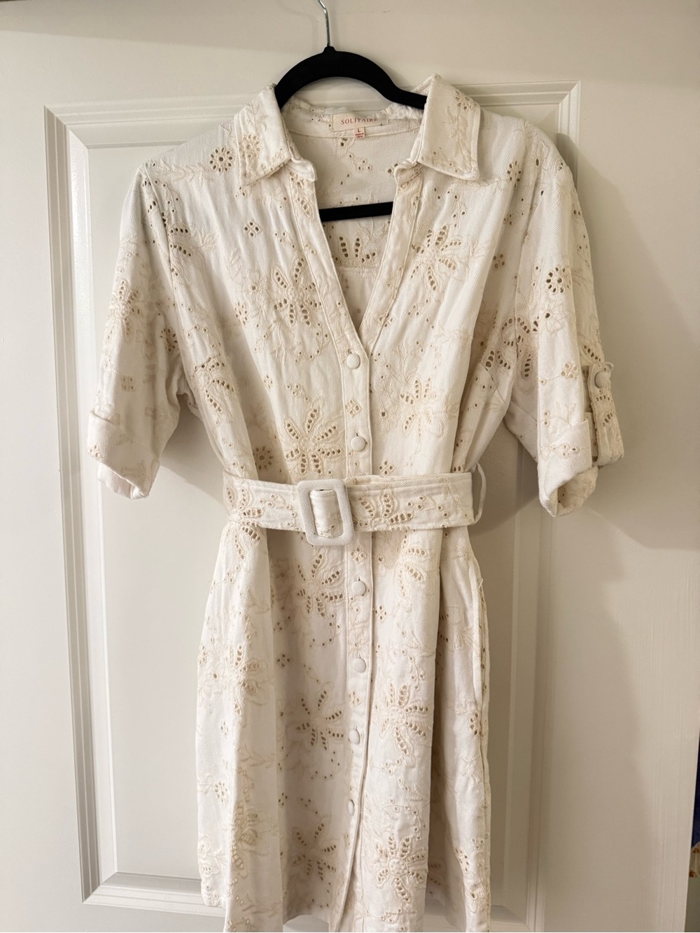 Eyelet Denim Shirt Dress with Belt - Cream